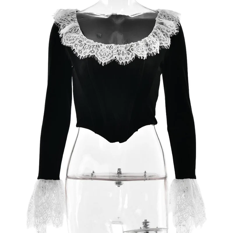 Fairycore flared sleeve lace velvet zip-up top