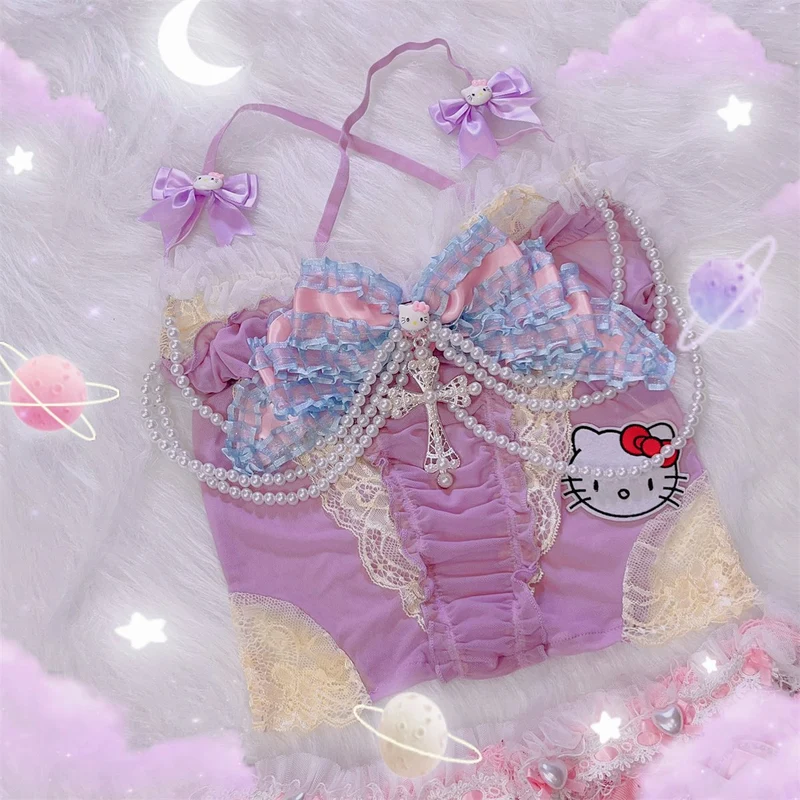 Cami-top van mesh met strik en kralenmotief "Hello Kitty"