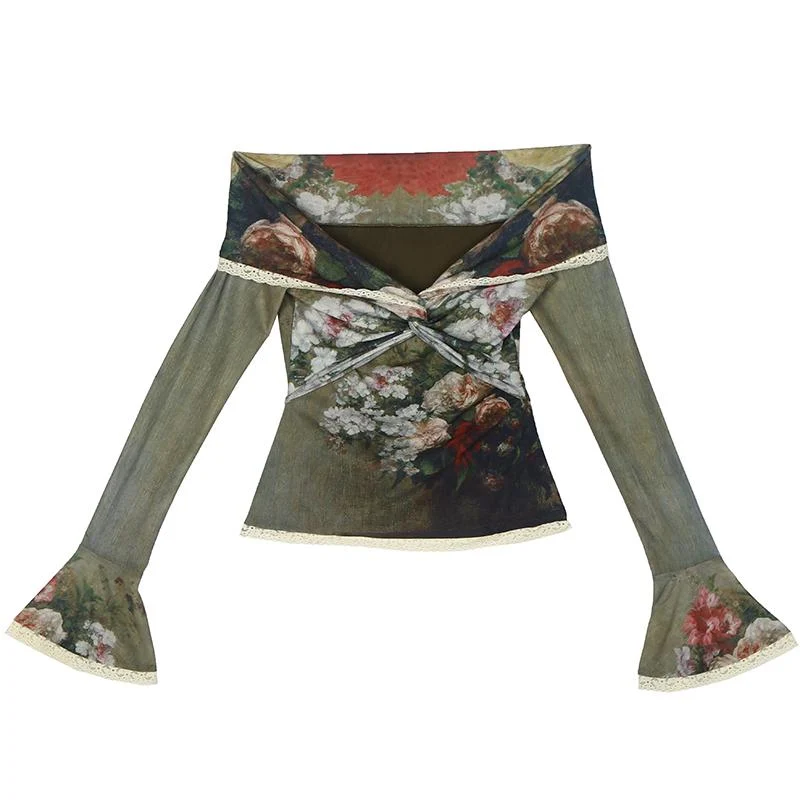 Fairycore top met kanten zoom en bloemenprint