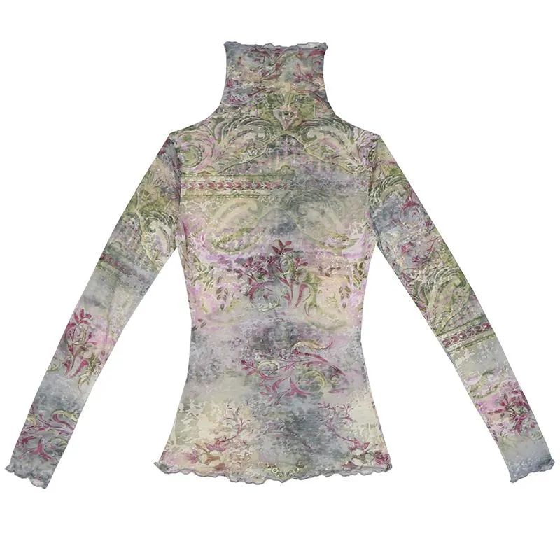 Fairycore print ruffle contrast top