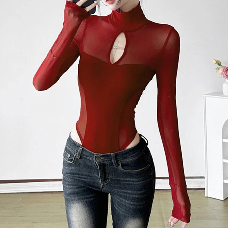 Gotische bodysuit met hoge hals, mesh en open details