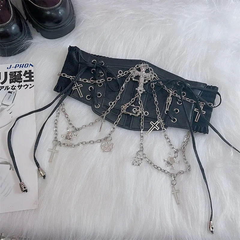 Gotische tailleketting van PU-leer met metalen ketting