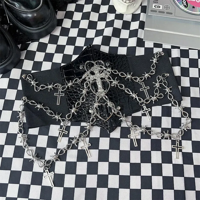 Gotische tailleketting van PU-leer met metalen ketting