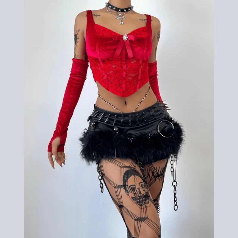 Fairycore cami top met strik en kanten patchwork