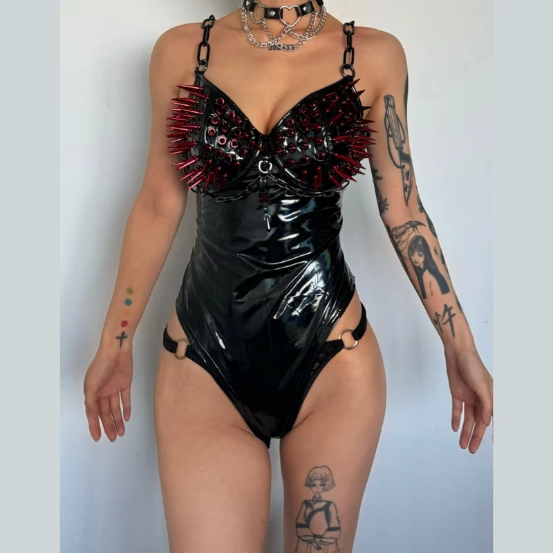 Goth PU leather rivet metal chain bodysuit