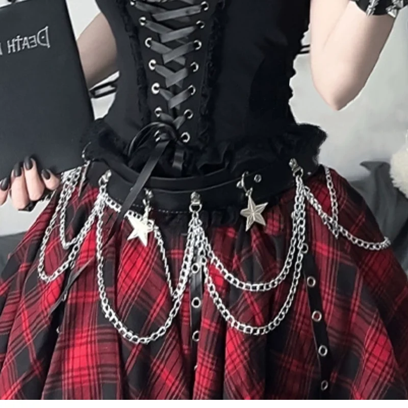 Fairycore geruite top met kanten zoom en ketting in de taille