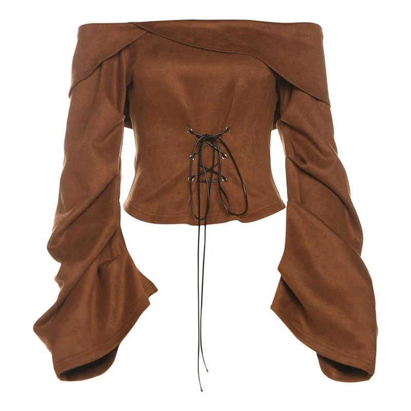 Off-shoulder top met lange mouwen en vetersluiting en ritssluiting
