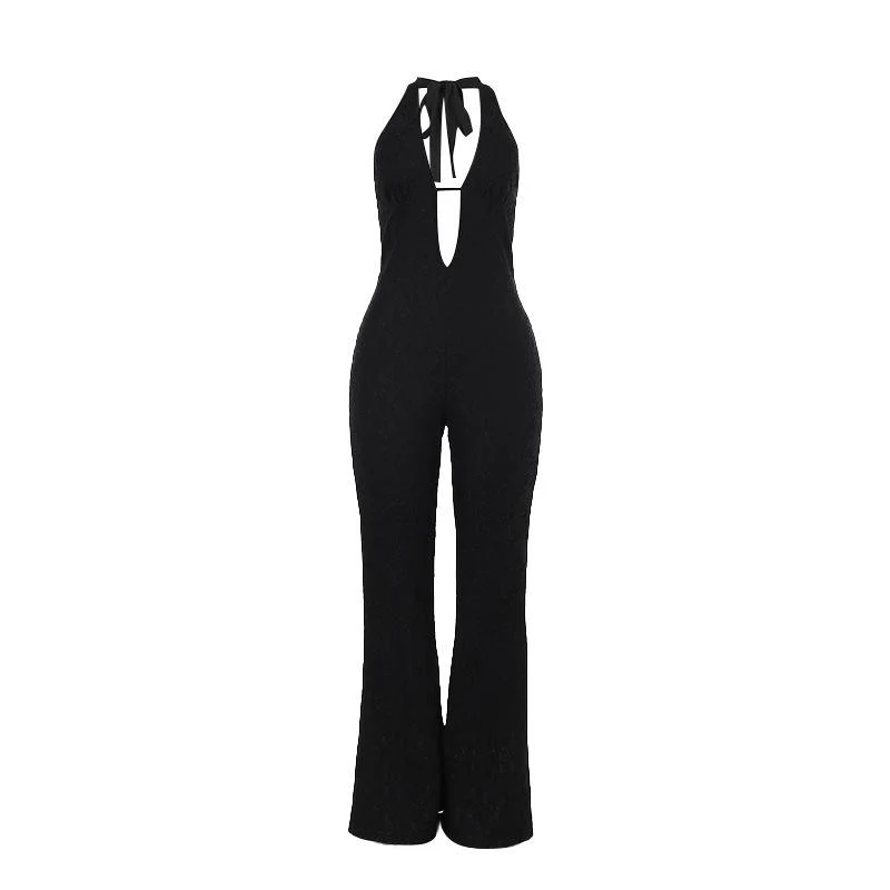 Halter jumpsuit met diepe V-hals en kant zonder rug