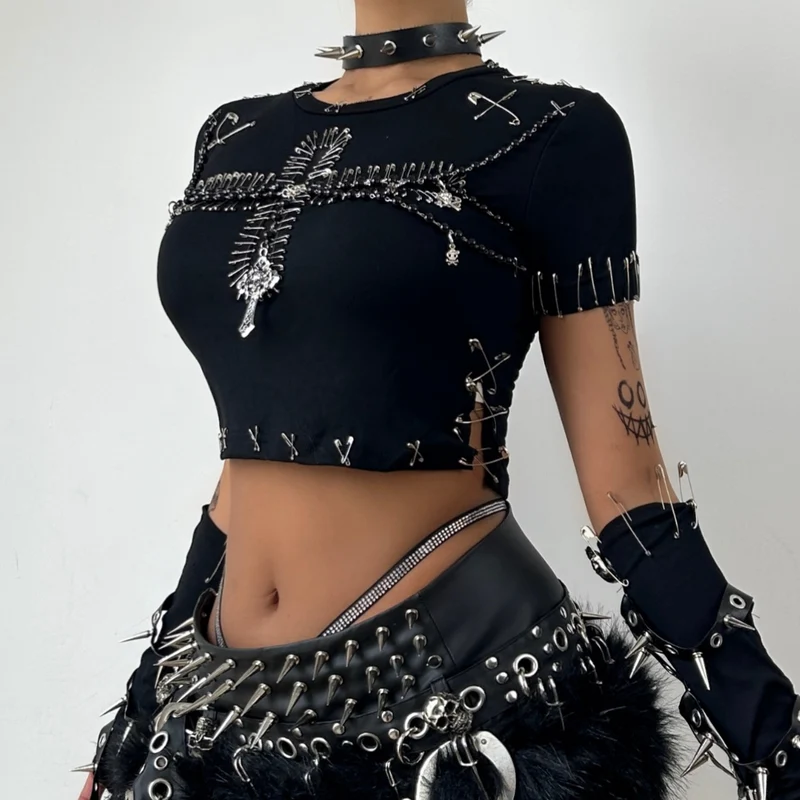Goth beaded cross pattern top