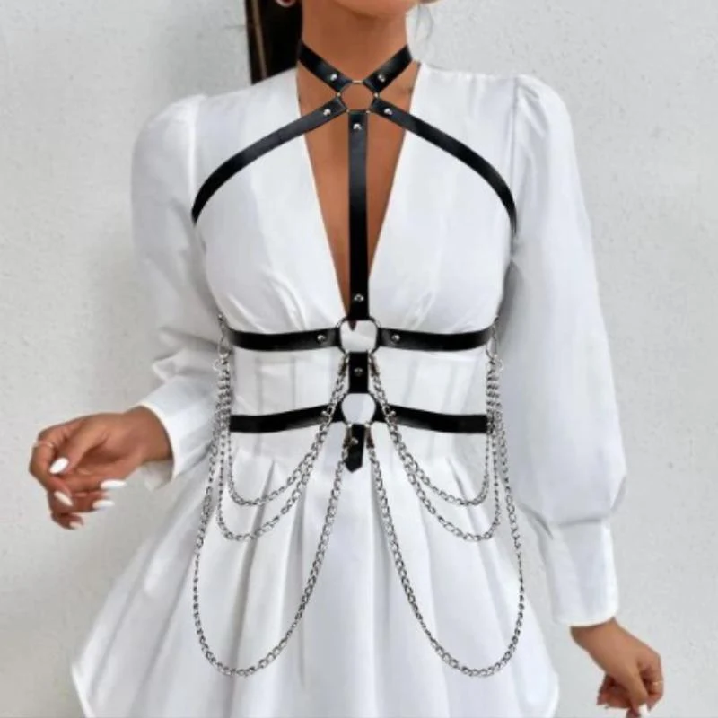 Goth halter metal chain o ring harness top