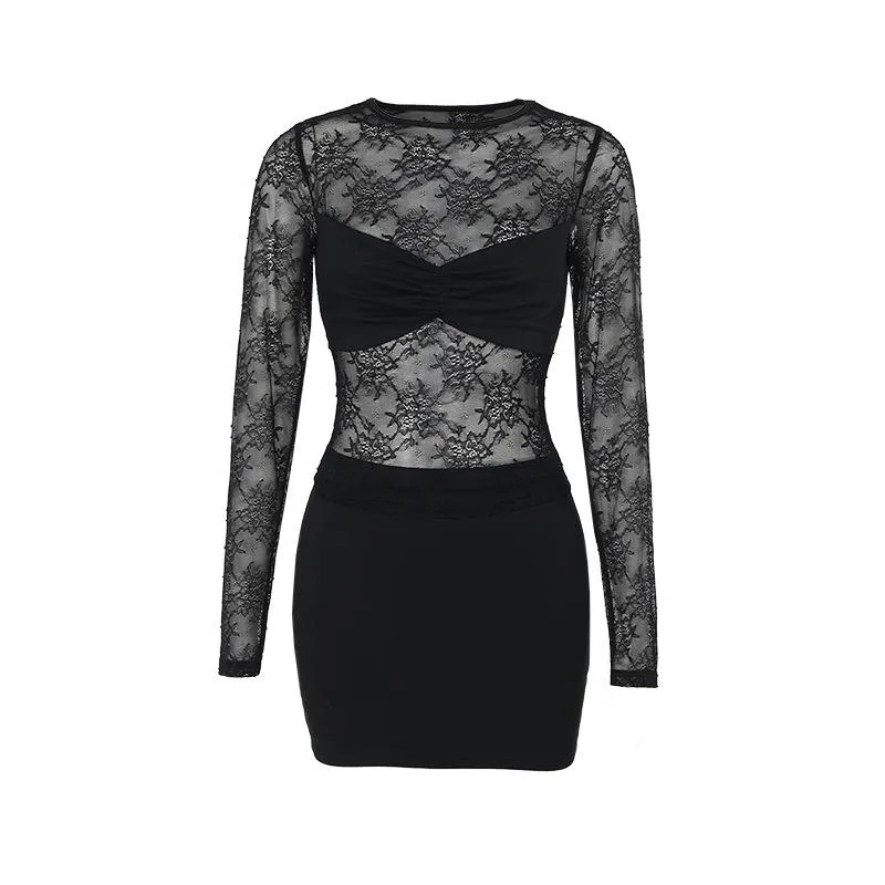 Fairycore lace crewneck long sleeve mini skirt set