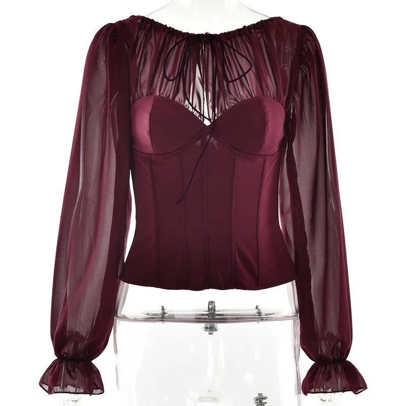 Gotische top van chiffon patchwork korset met ritssluiting