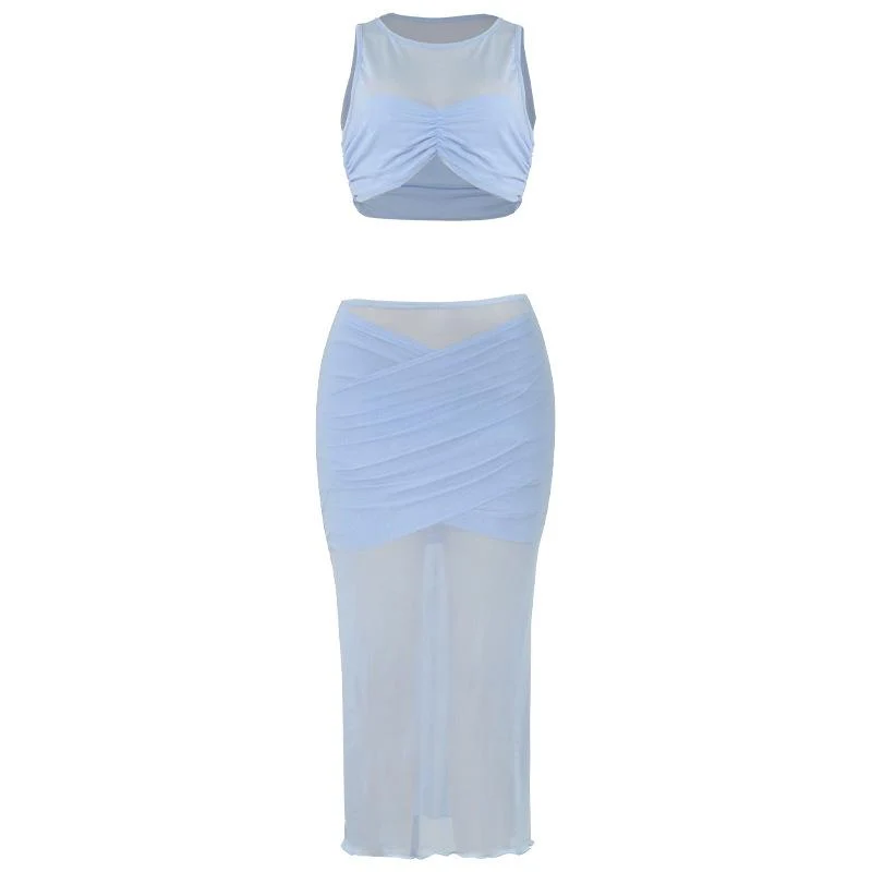 Set van een geplooide mesh crop top en een ronde hals