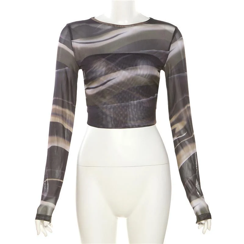 Gotische crop top met lange mouwen, mesh en open rug