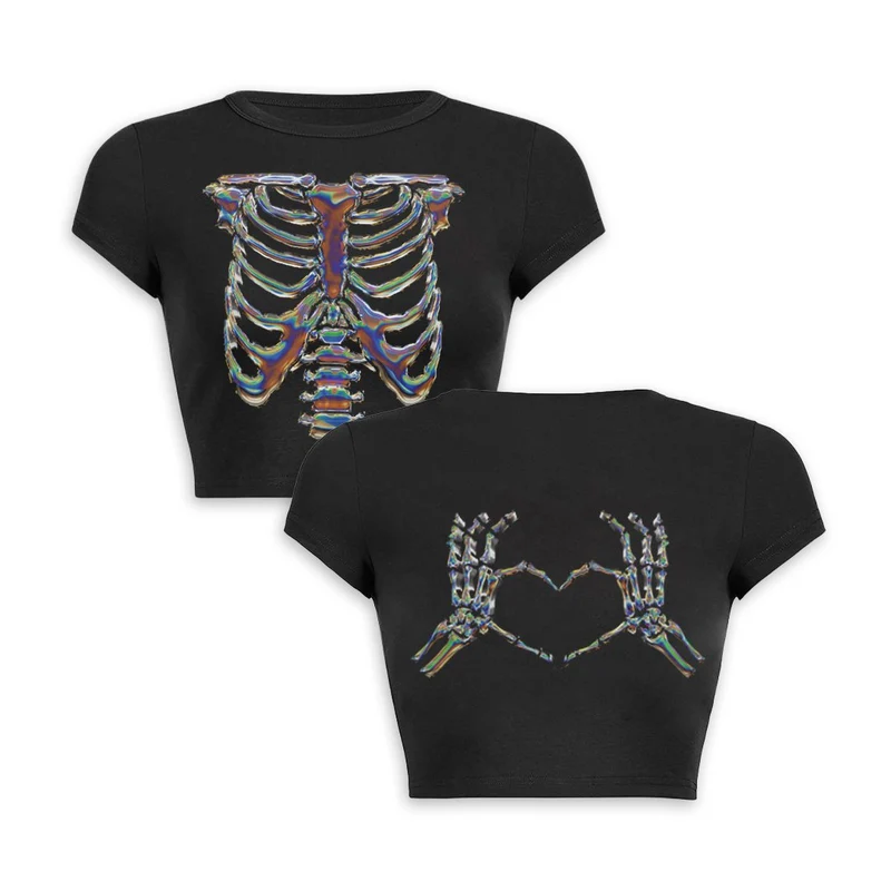 Goth Holographic Ribcage Love Crop Top
