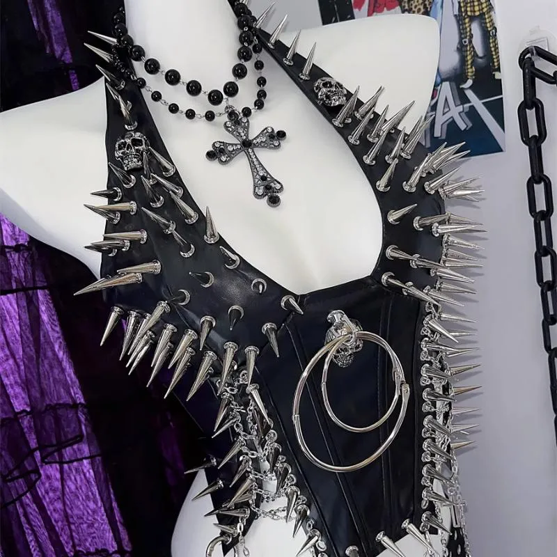 Halter PU leren o-ring klinknagel applicatie metalen ketting top