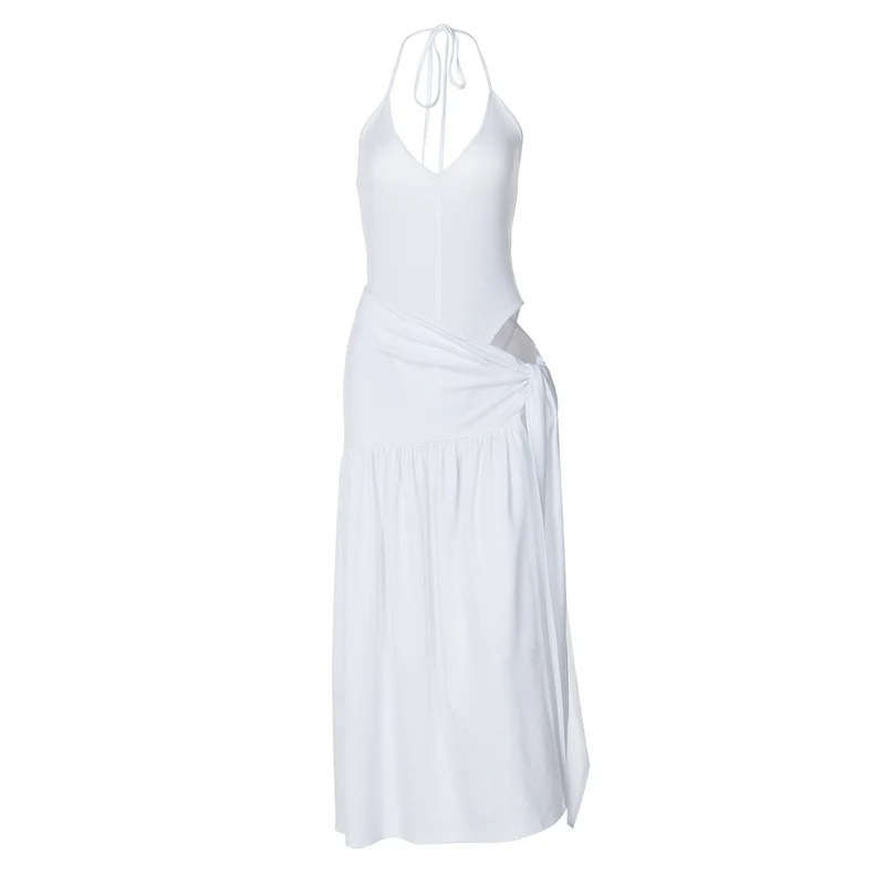 Grunge halter maxi rok set met V-hals en knoopdetails