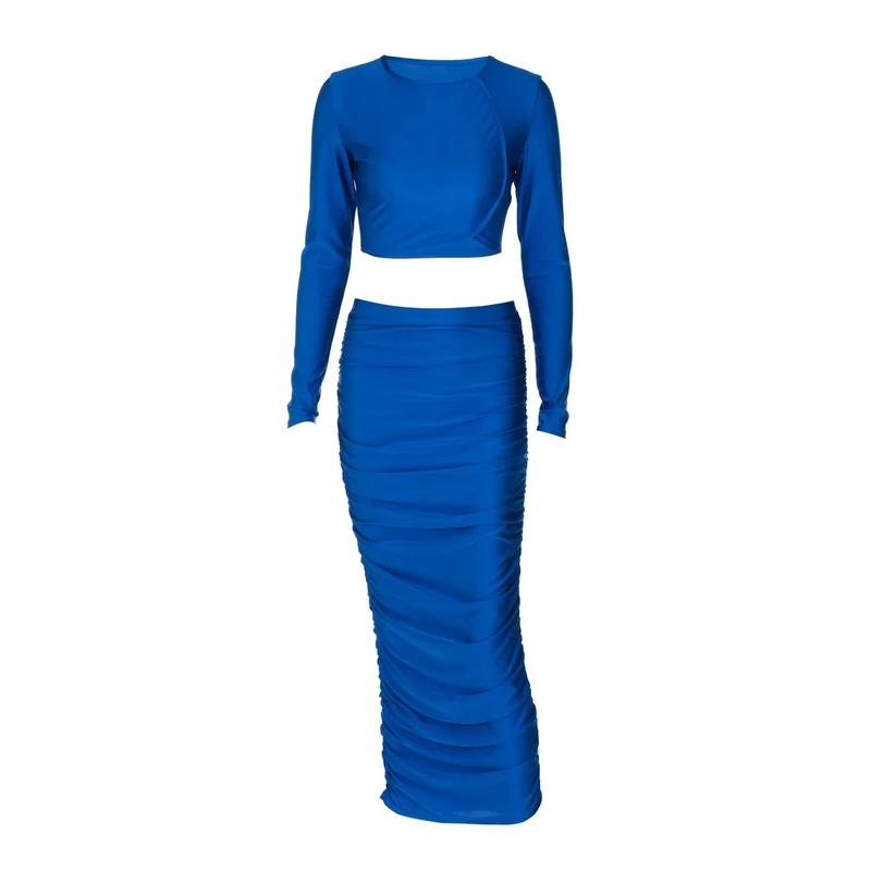 Set met lange mouwen, ronde hals en geplooide crop top en maxi-rok
