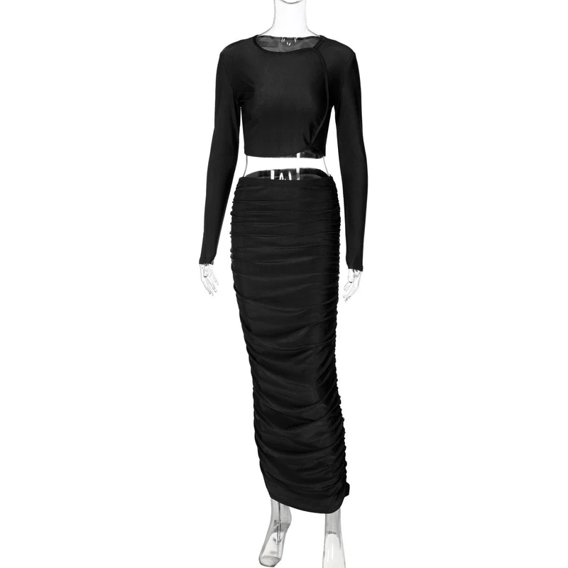 Set met lange mouwen, ronde hals en geplooide crop top en maxi-rok