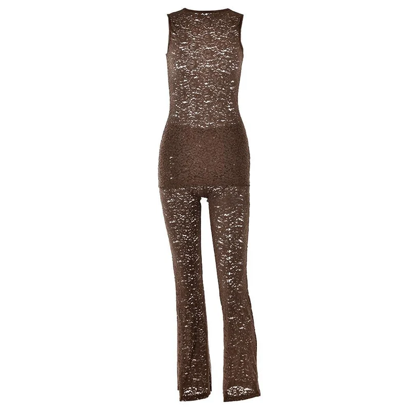 Fairycore kanten mouwloze broekset met middelhoge taille