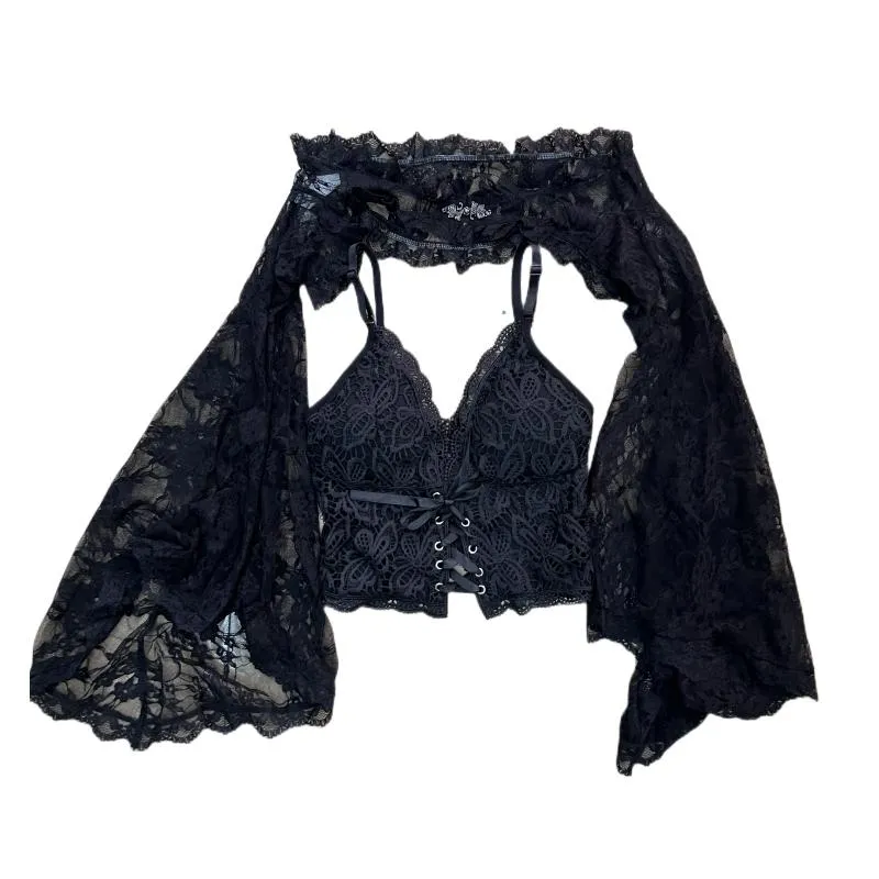 Fairycore flared sleeve flower print lace top