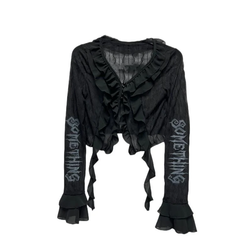 Top met lange mouwen, gerimpelde V-hals en letterprint