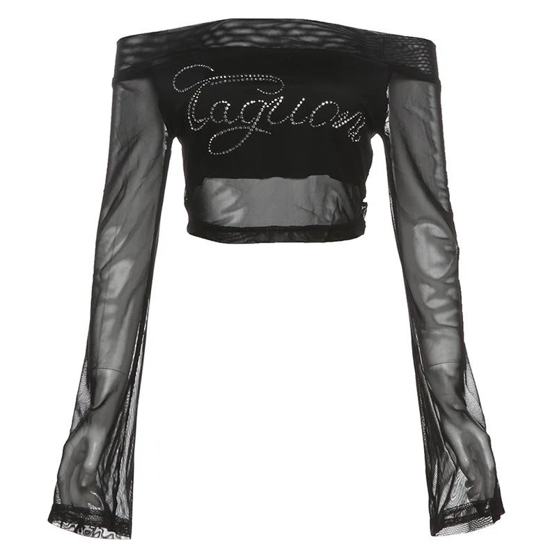 Gotische off-shoulder top van mesh met kralen en lettermotief