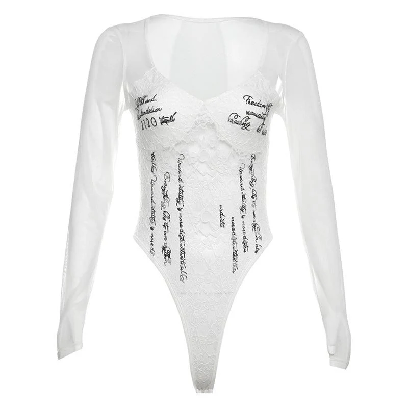 Fairycore lace v neck letter print bodysuit