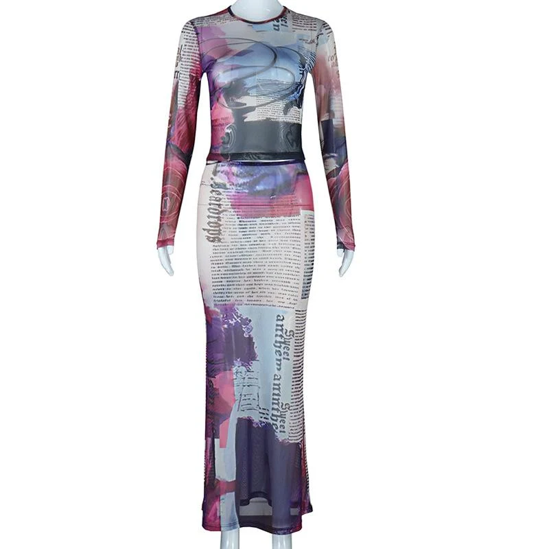 Set met lange mouwen, ronde hals en abstract mesh maxi-rok