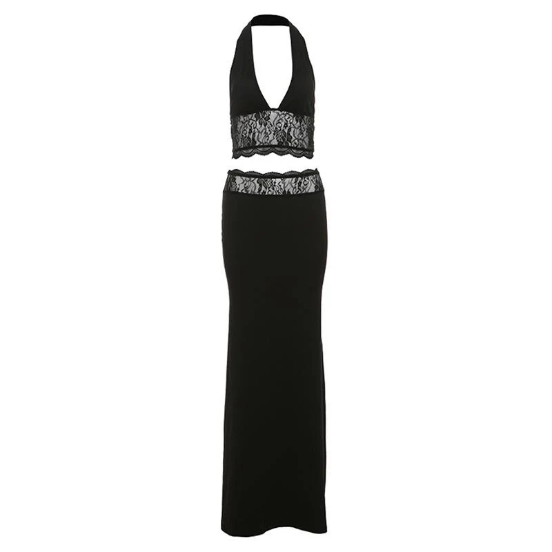 Halter V-hals kanten rugloze maxi-rokset