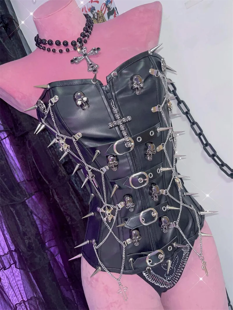 Gotische bustier tube top van PU-leer met kruisapplicatie