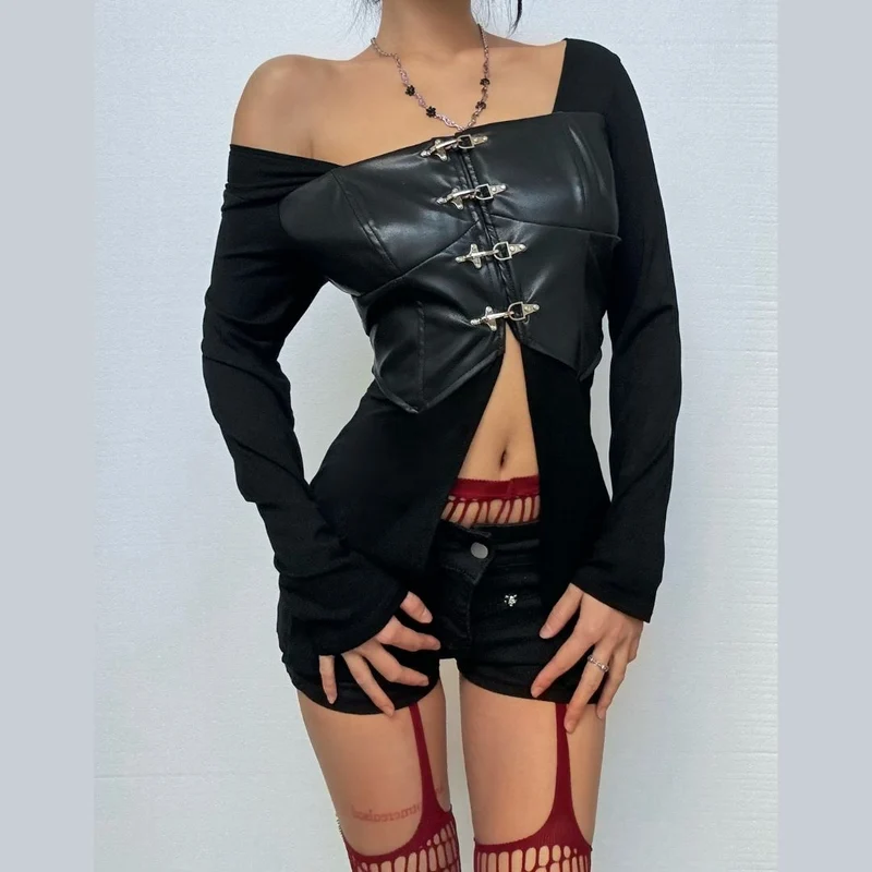 Gotische top met lange mouwen van PU-leer en patchwork