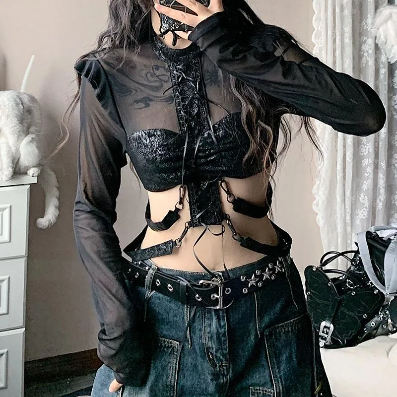 Gotische crop top van mesh patchwork met plooien