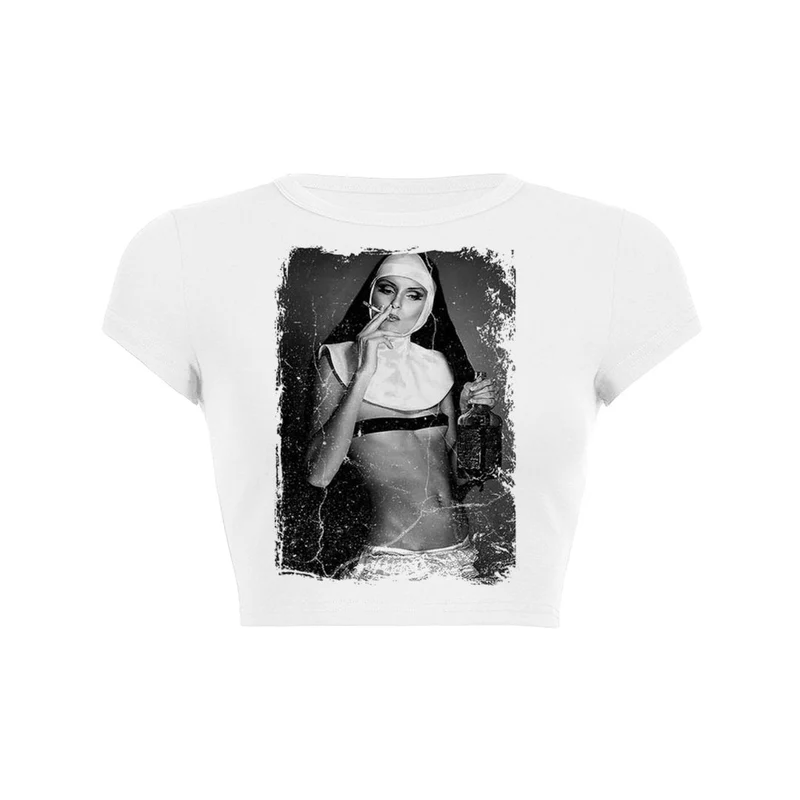 Y2K Rebel Nun crop top baby tee