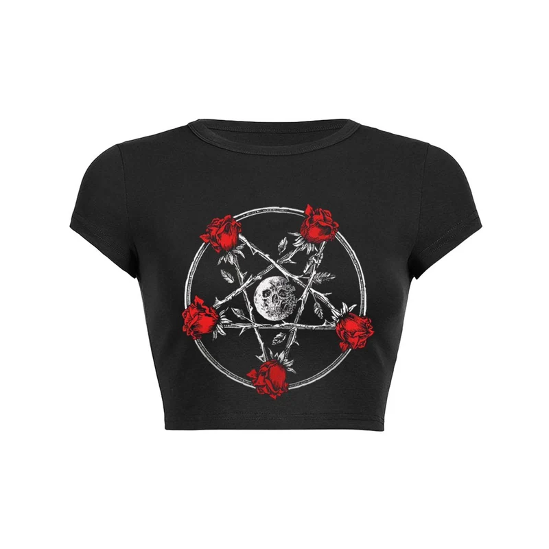 Y2K maan schedel en rozen crop top baby tee