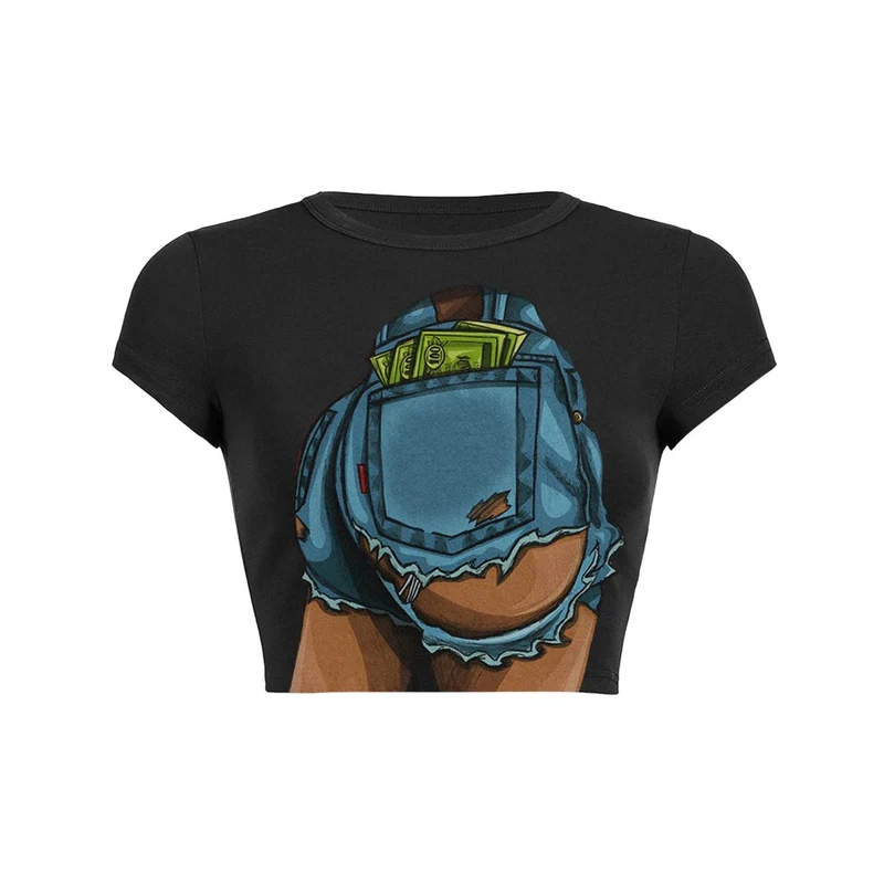Y2K denim crop top met zakje en grafische print, baby T-shirt