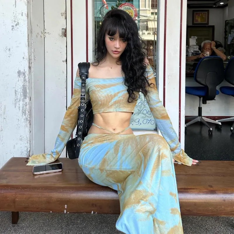 Lange, uitlopende mesh tie dye crop maxi rokset
