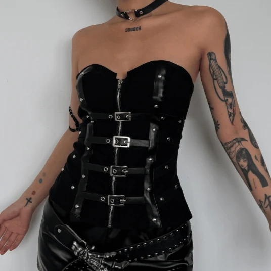 Gotische tube top van PU-leer met gesp en ritssluiting