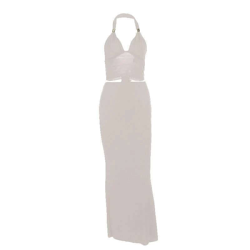 Grunge halter v neck backless maxi skirt set