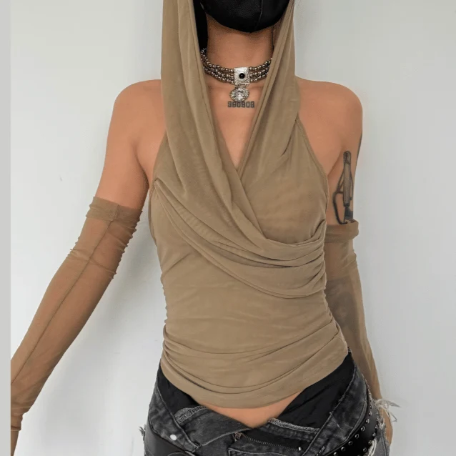 Hoodie handschoenen doorschijnend mesh top
