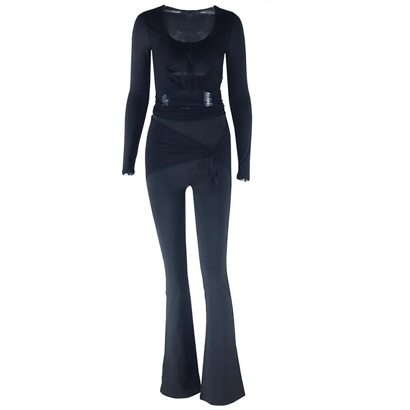 Jumpsuit met lange mouwen en gerimpeld patchwork en trekkoord