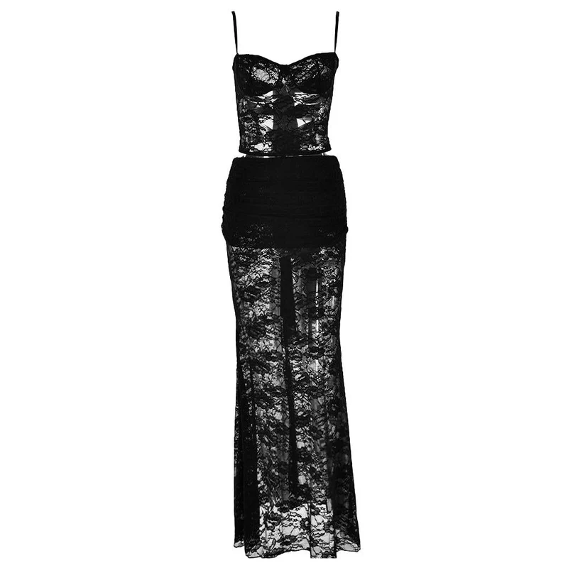 Fairycore sweetheart neck ruffle lace maxi skirt set