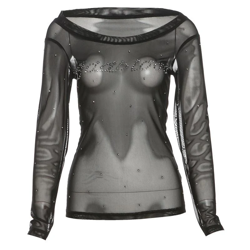 Gotische off-shoulder top van doorschijnend mesh met kralen