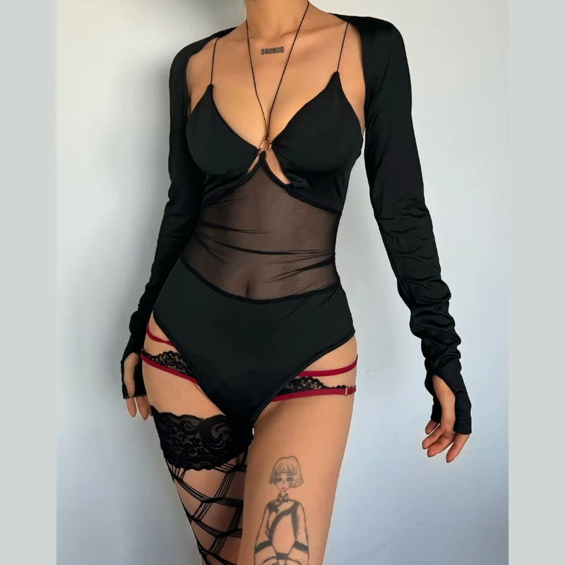 Grunge gloves o ring hollow out shrug bodysuit