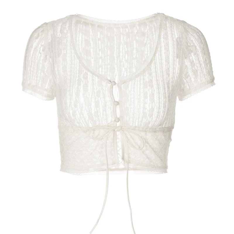 Doorzichtige crop top met korte mouwen en knoopjes van kant