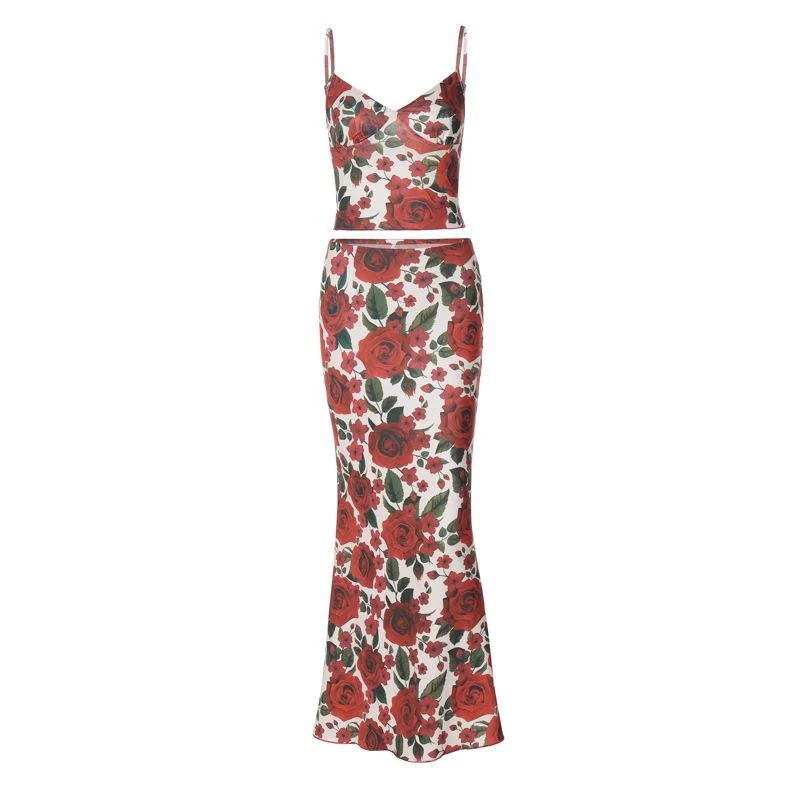 Fairycore V-hals cami maxi rok set met bloemenprint