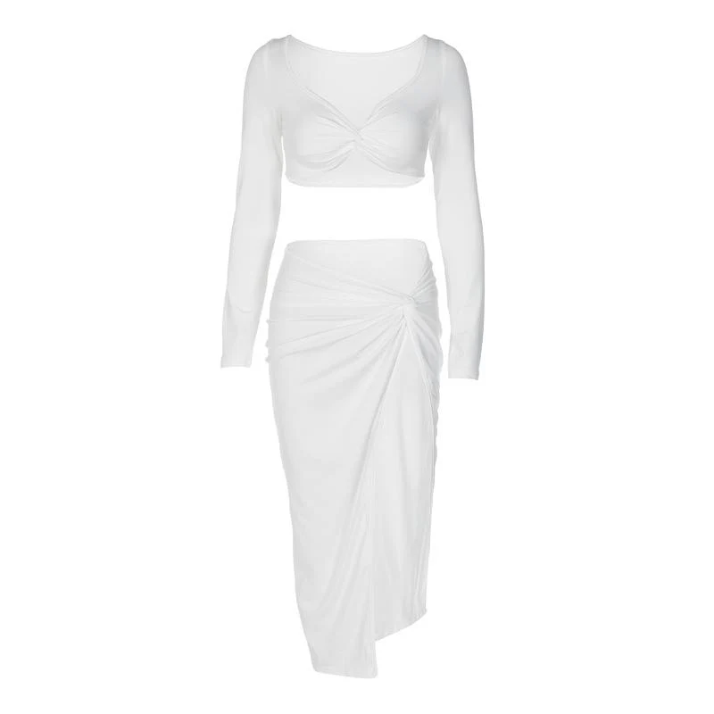 Set met lange mouwen, off-shoulder midi-rok met hoge split