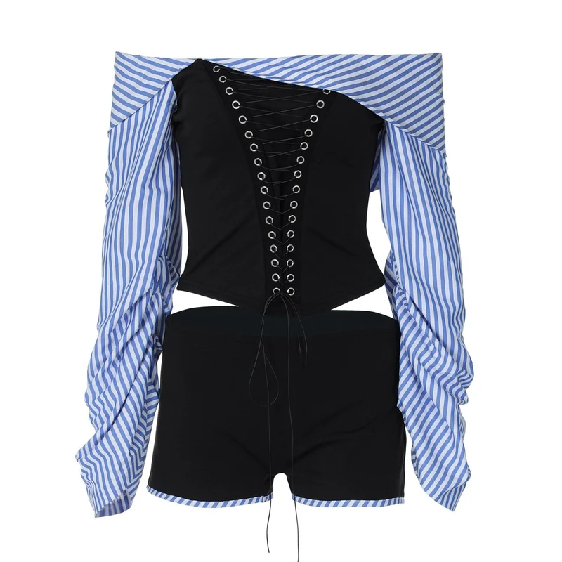 Grunge off-shoulder gestreepte broekset