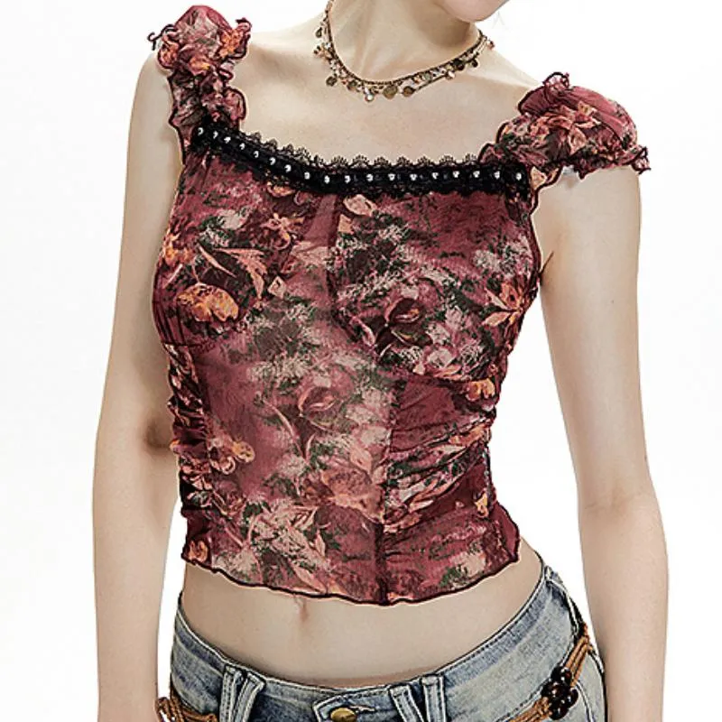 Fairycore cami top met ruches en bloemenprint