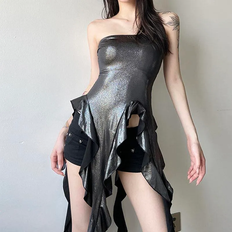 Fairycore metallic ruffle tube top